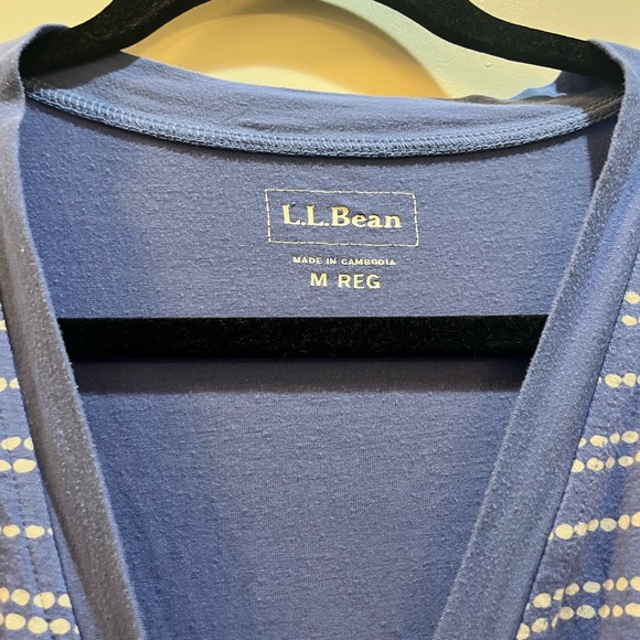L.L Bean Faux Wrap Dress Short Sleeve V-Neck Blue Striped Medium Length 42” - Picture 2 of 6